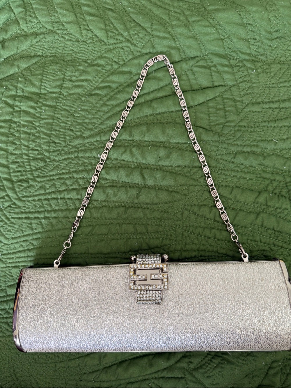 Silver Rhinestone Accent Evening Clutch with Chain Strap